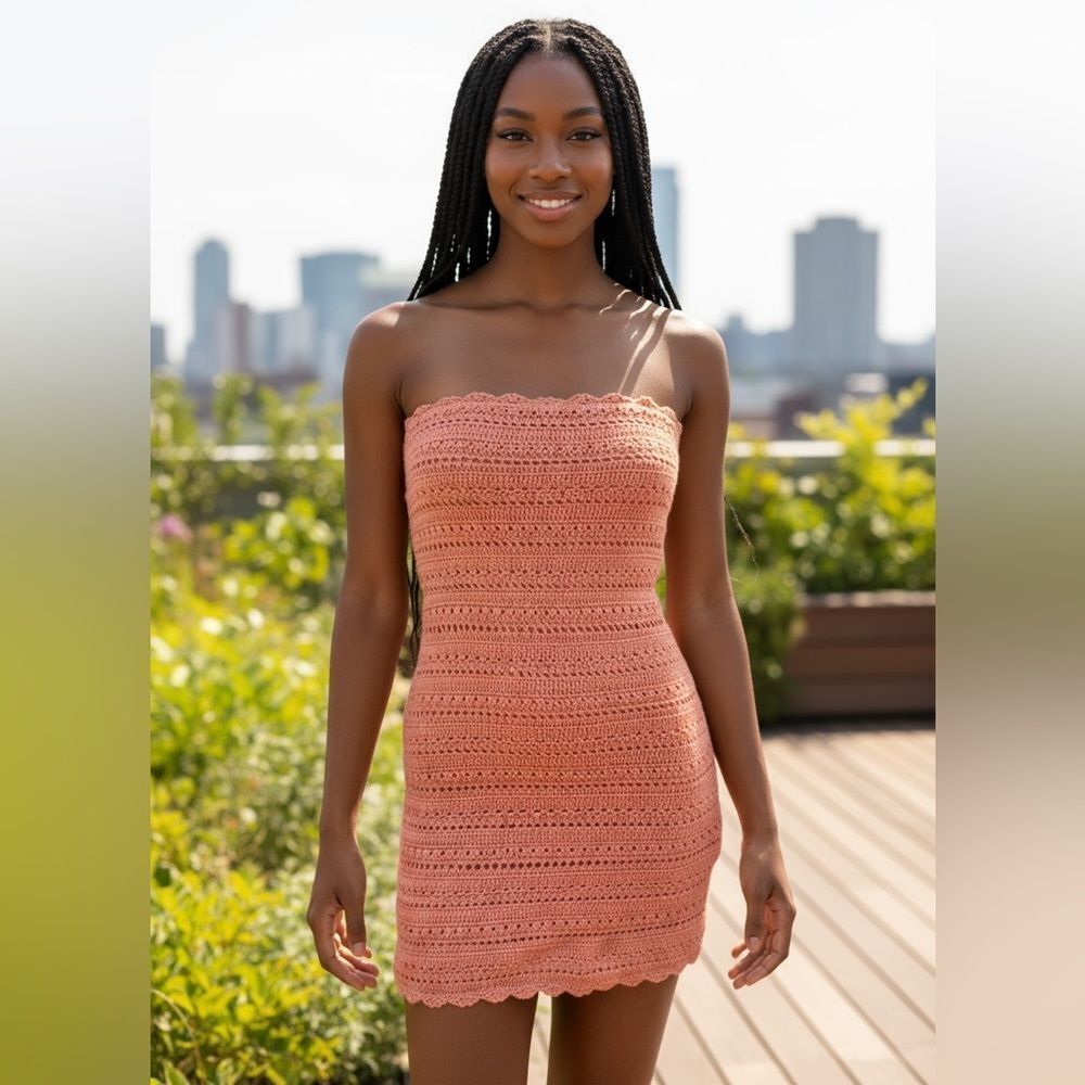MINKPINK Cute Pink Crochet Tube Dress Strapless Knit Mini Dress Short Summer